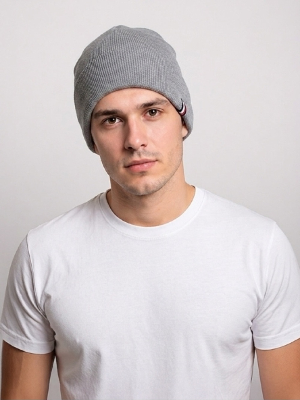 Tommy Hilfiger Gray Knit Beanie with Tricolor Detail